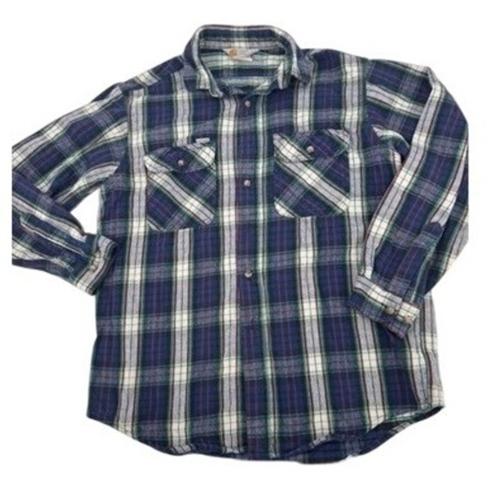 Carhartt Flannel Shirt Mens XL Blue Green Plaid Rugged Outdoor Heavy Long Sleeve